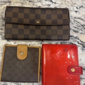 Brown Checkered Wallet and Red Leather Cover